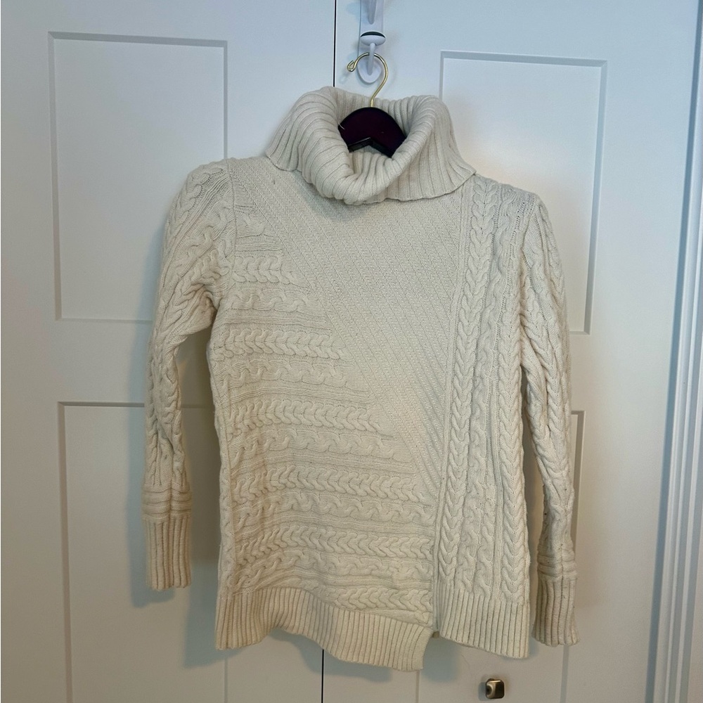 L.L. Bean Asymmetrical Cream Cable Knitted Turtleneck Sweater L